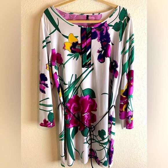 Tahari: White tunic blouse with orchids and vibrant colors. - Picture 1 of 4